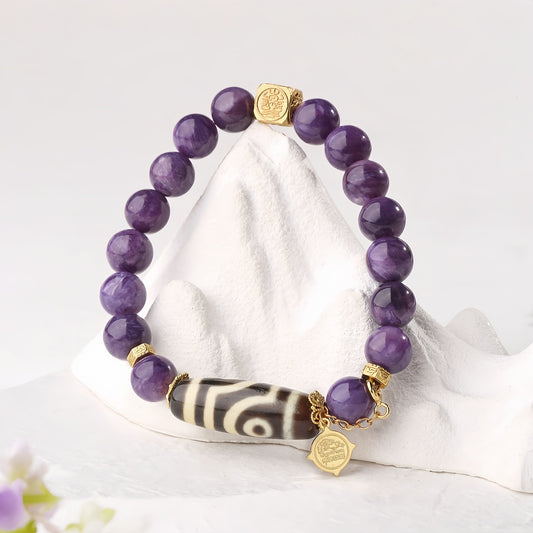 Potalapalace Accessories Handmade Natural Charoite Two-Eyed Dzi Bead Bracelet