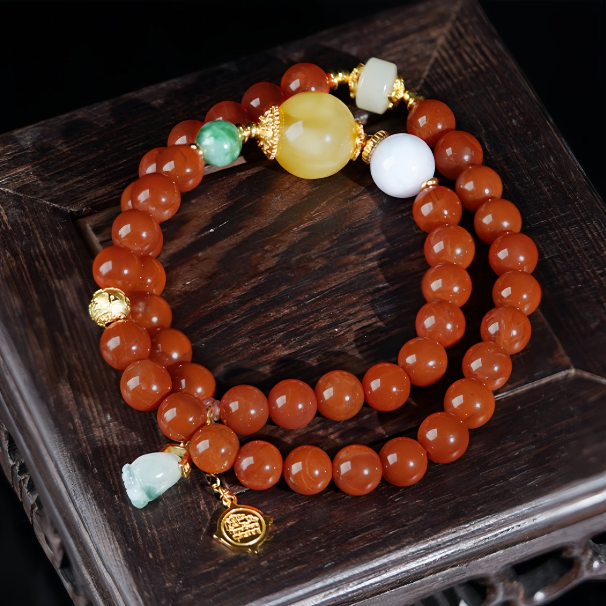 Potalapalace Accessories Handmade Natural Southern Red Agate Amber Jadeite Multi-Strand Bracele