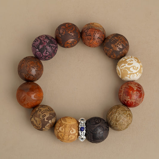 Potalapalace Accessories Handmade Natural Chinese Zodiac Huanghuali and Golden Silk Nanmu Rosary Bracelet