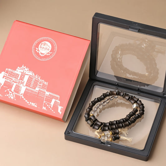 Potalapalace Accessories Handmade Natural Black Ebony Bamboo-Patterned White Crystal Bracelet