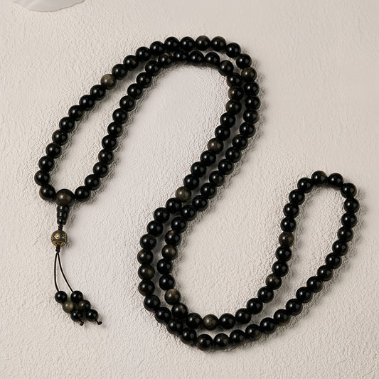 Potalapalace Accessories Handmade Natural Black Obsidian 108 Bead Mala Bracelet