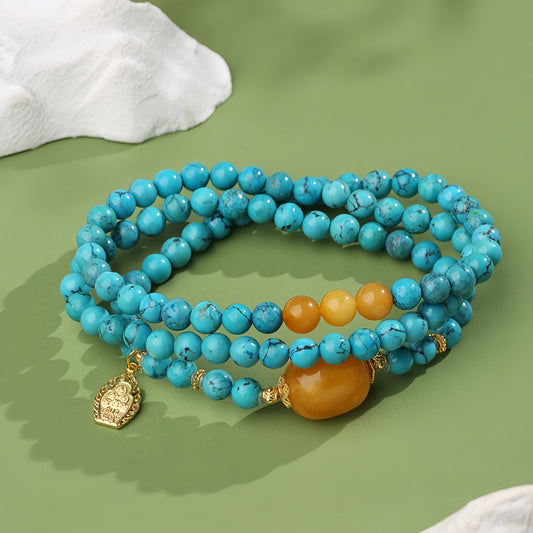 Potalapalace Accessories Handmade Natural Turquoise and Amber Multi-Strand Bead Necklace
