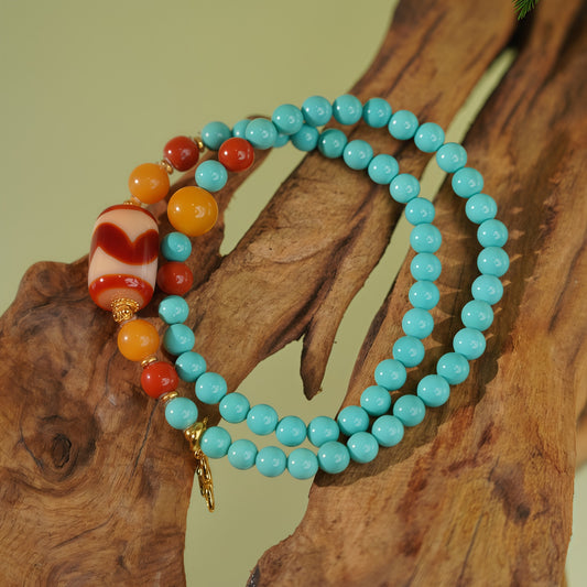 Potalapalace Accessories Handmade Natural Turquoise and Red Agate Double-Wrap Bracelet