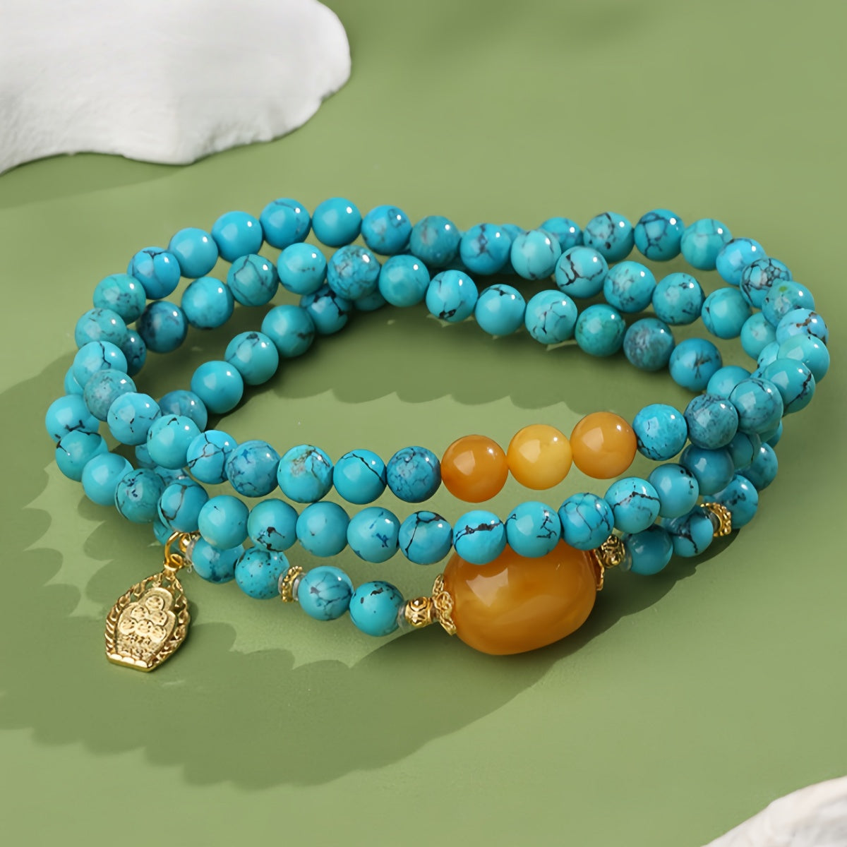Potalapalace饰品手工天然绿松石和琥珀多股串珠项链