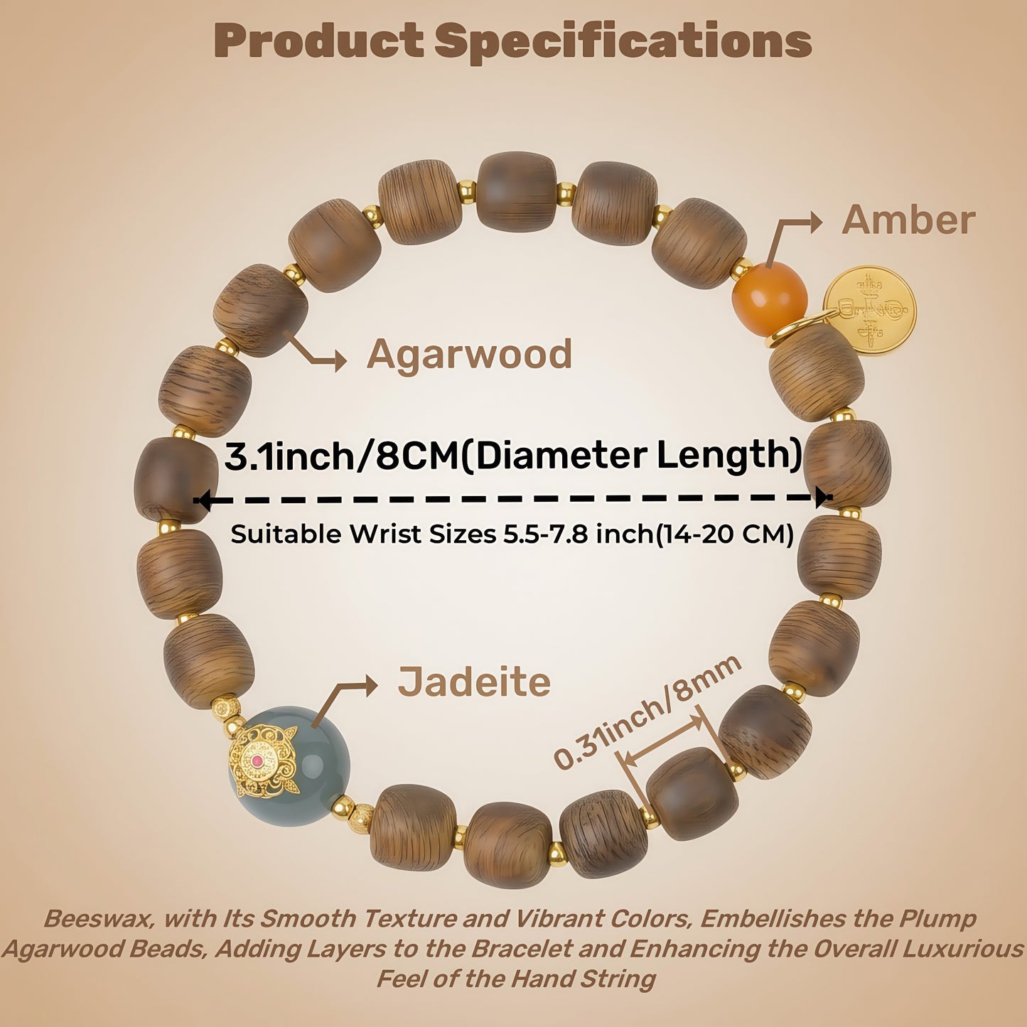 Potalapalace饰品手工天然手链，由沉香、琥珀和玉制成