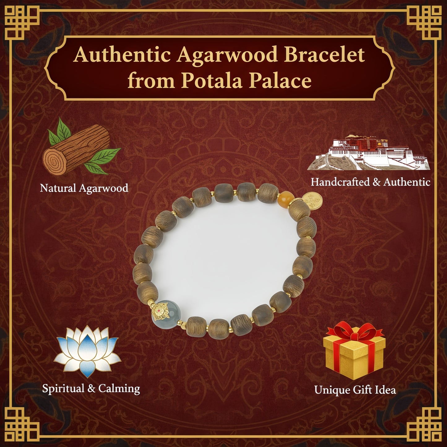 Potalapalace饰品手工天然手链，由沉香、琥珀和玉制成