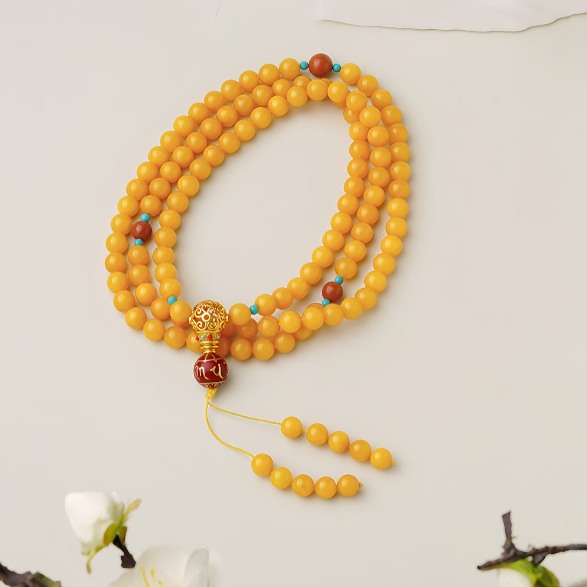Potalapalace饰品 手工天然琥珀和红玛瑙六字真言108颗幸运珠