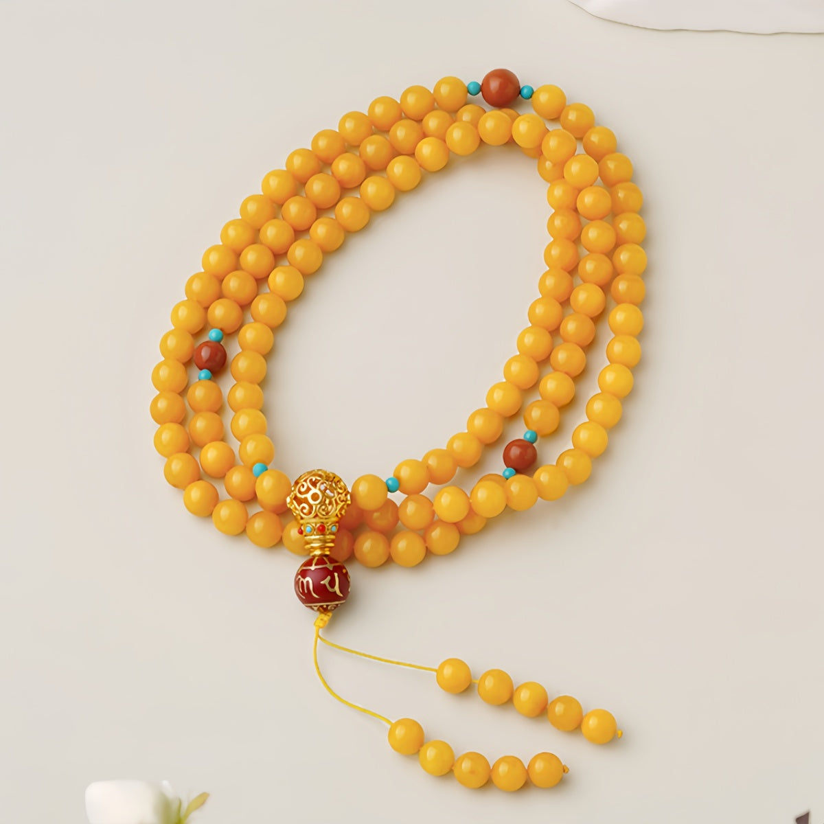 Potalapalace饰品 手工天然琥珀和红玛瑙六字真言108颗幸运珠
