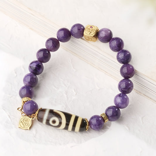 Potalapalace Accessories Handmade Natural Charoite Two-Eyed Dzi Bead Bracelet