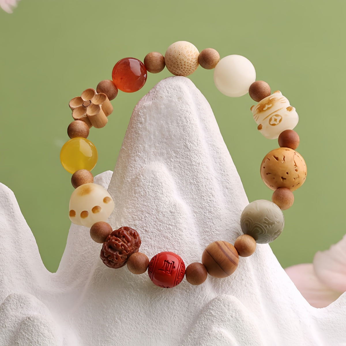 Potalapalace饰品 手工天然菩提朱砂色釉混合手镯