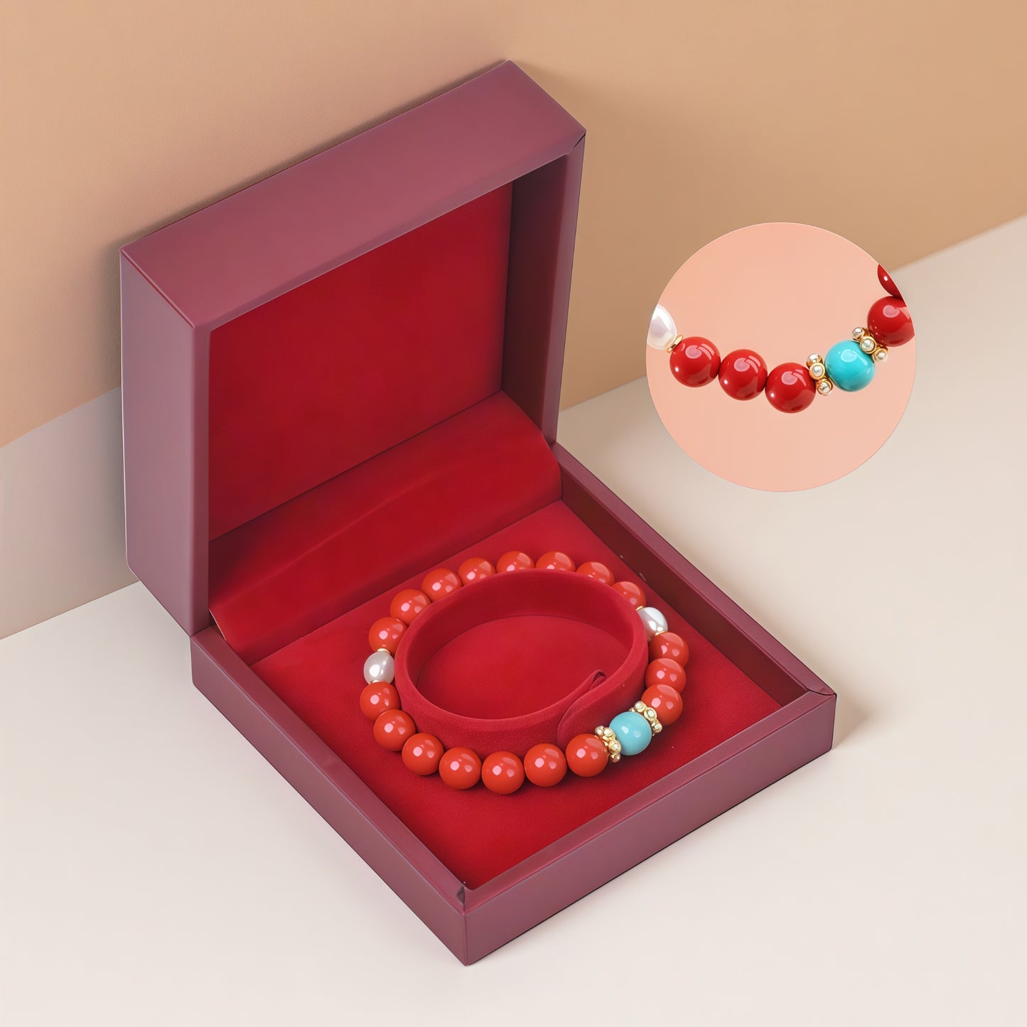 Potalapalace饰品手工天然淡水珍珠手链配红色丝绸纱