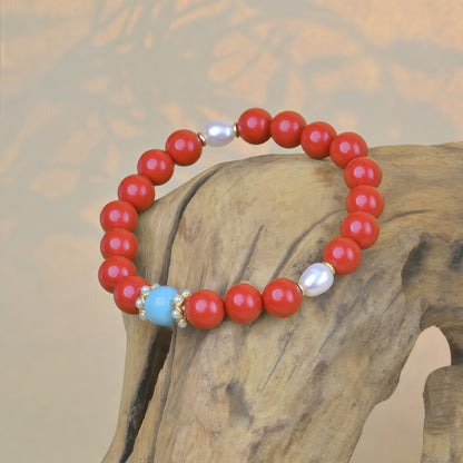 Potalapalace饰品手工天然淡水珍珠手链配红色丝绸纱