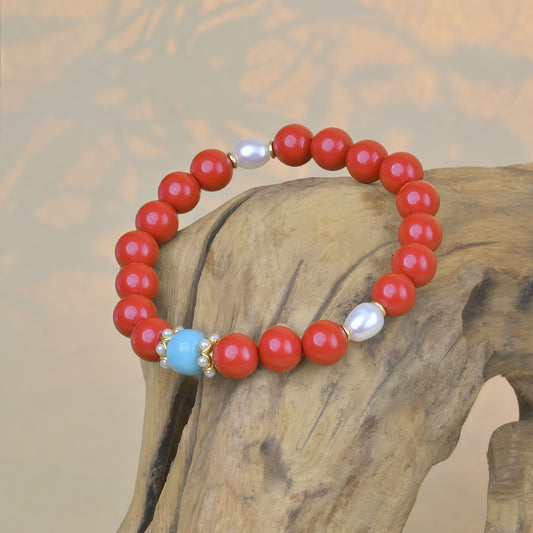 Potalapalace饰品手工天然淡水珍珠手链配红色丝绸纱