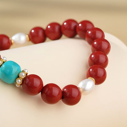 Potalapalace饰品手工天然淡水珍珠手链配红色丝绸纱