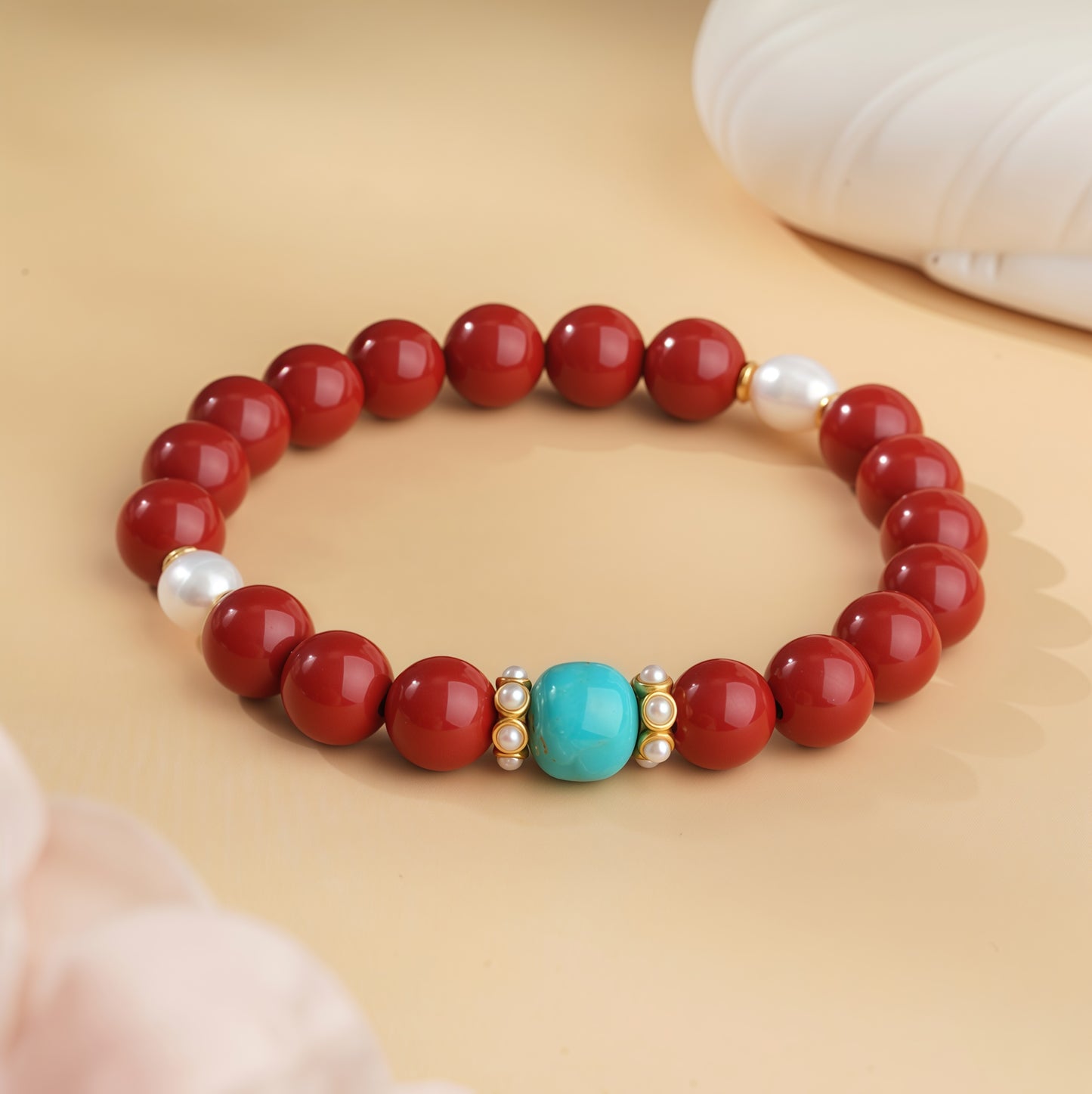 Potalapalace饰品手工天然淡水珍珠手链配红色丝绸纱