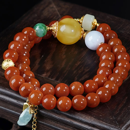 Potalapalace Accessories Handmade Natural Southern Red Agate Amber Jadeite Multi-Strand Bracele