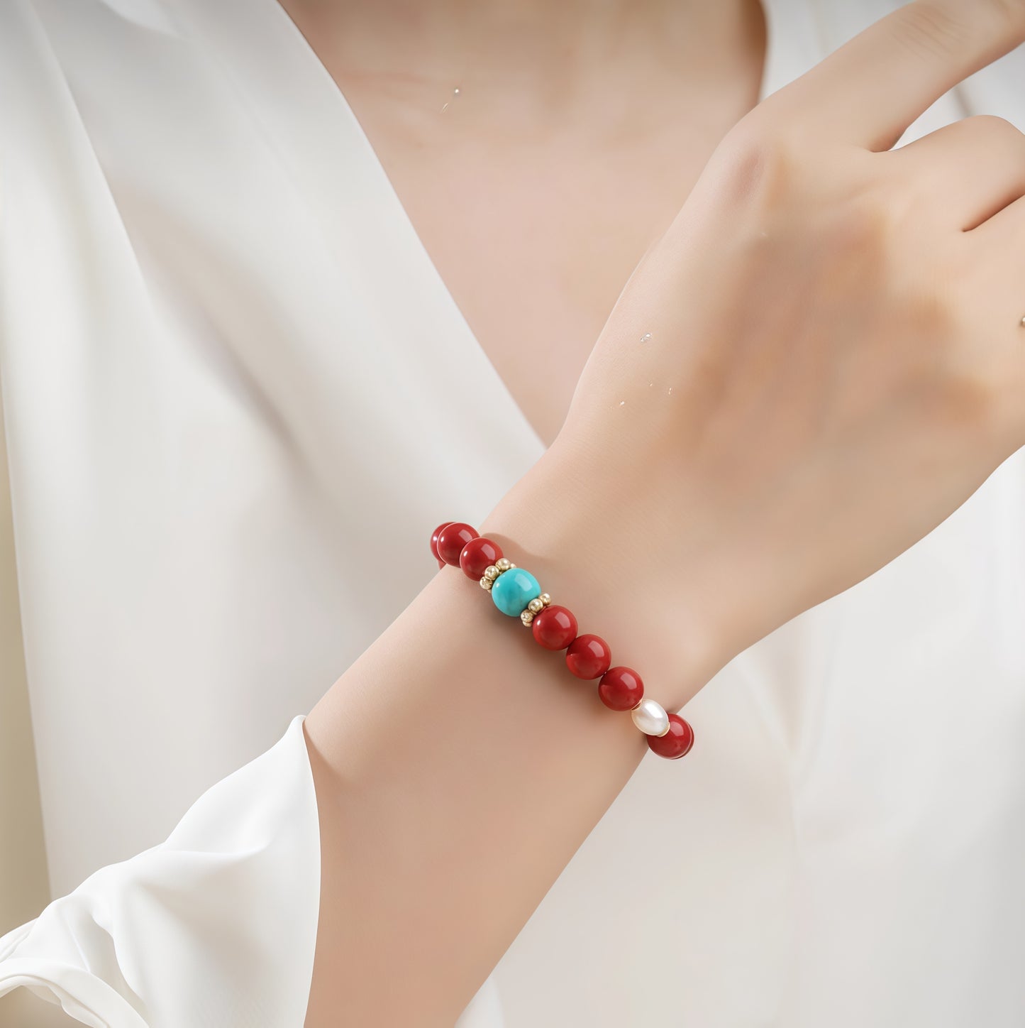 Potalapalace饰品手工天然淡水珍珠手链配红色丝绸纱