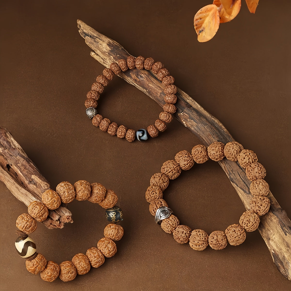 Potalapalace Accessories Handmade Natural Rudraksha Seed Bracelet featuring Tiger Tooth Dzi Beads Bracelet