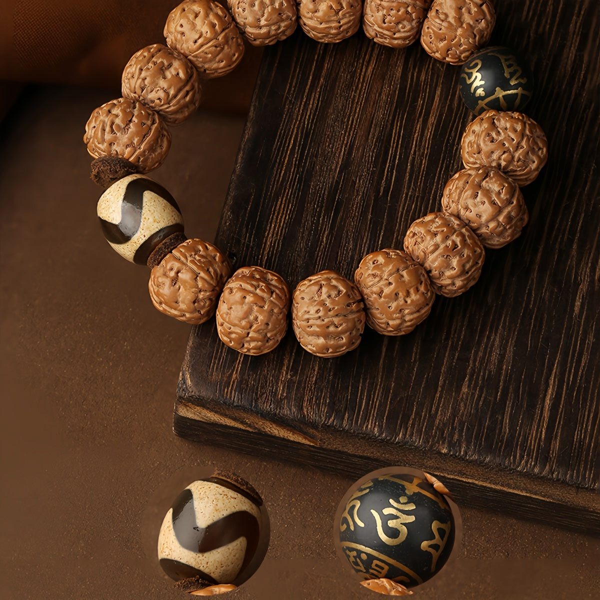 Potalapalace Accessories Handmade Natural Rudraksha Seed Bracelet featuring Tiger Tooth Dzi Beads Bracelet