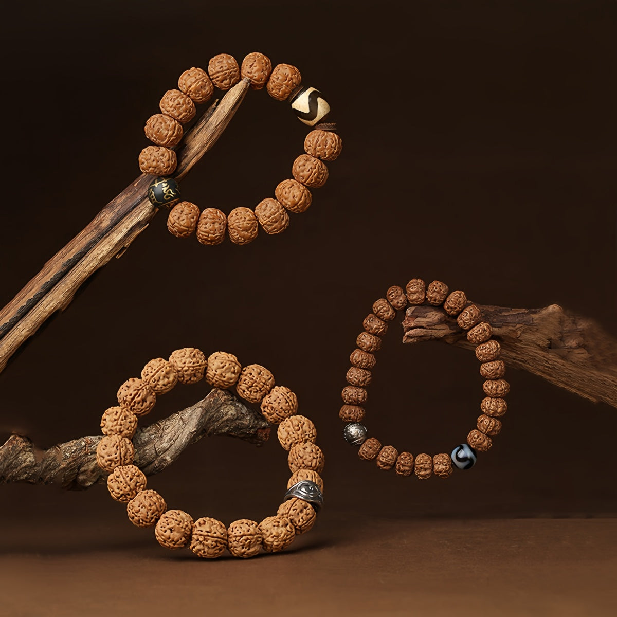 Potalapalace Accessories Handmade Natural Rudraksha Seed Bracelet featuring Tiger Tooth Dzi Beads Bracelet