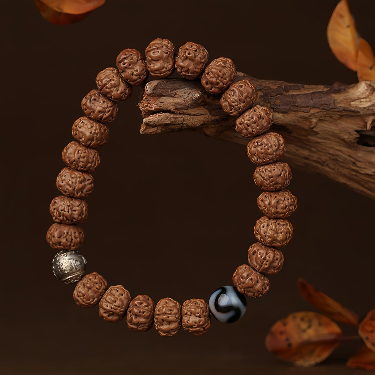Potalapalace Accessories Handmade Natural Rudraksha Seed Bracelet featuring Tiger Tooth Dzi Beads Bracelet
