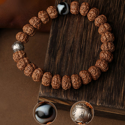 Potalapalace Accessories Handmade Natural Rudraksha Seed Bracelet featuring Tiger Tooth Dzi Beads Bracelet