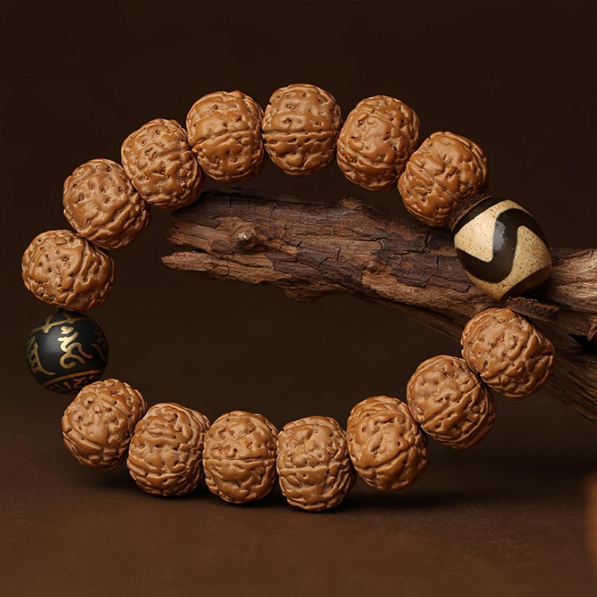 Potalapalace Accessories Handmade Natural Rudraksha Seed Bracelet featuring Tiger Tooth Dzi Beads Bracelet