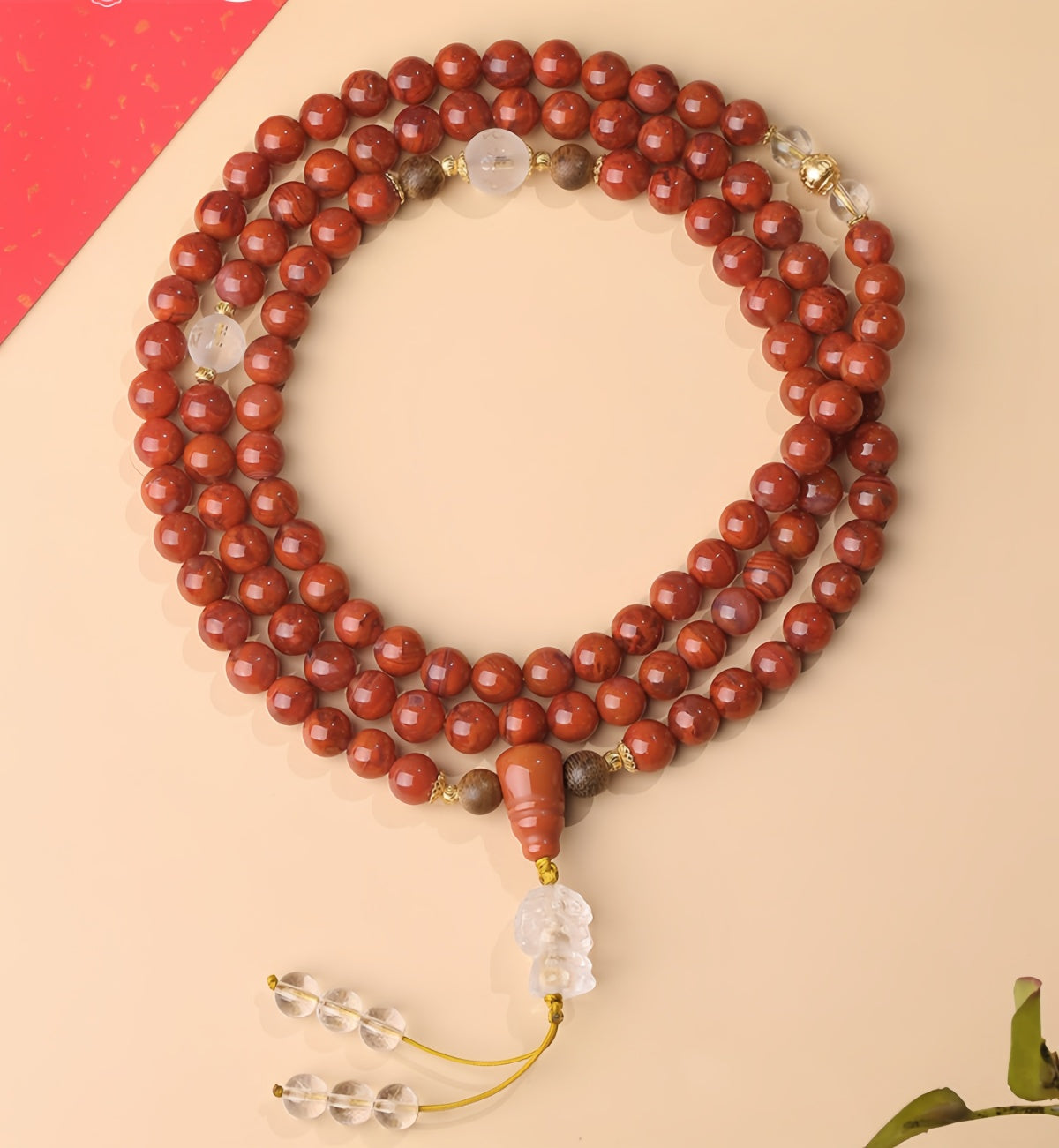 Potalapalace Accessories Handmade Natural 108-Bead Cinnabar South Red Crystal Flame Pattern