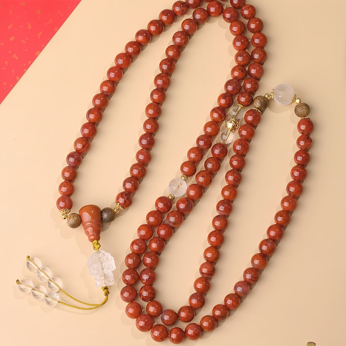 Potalapalace Accessories Handmade Natural 108-Bead Cinnabar South Red Crystal Flame Pattern