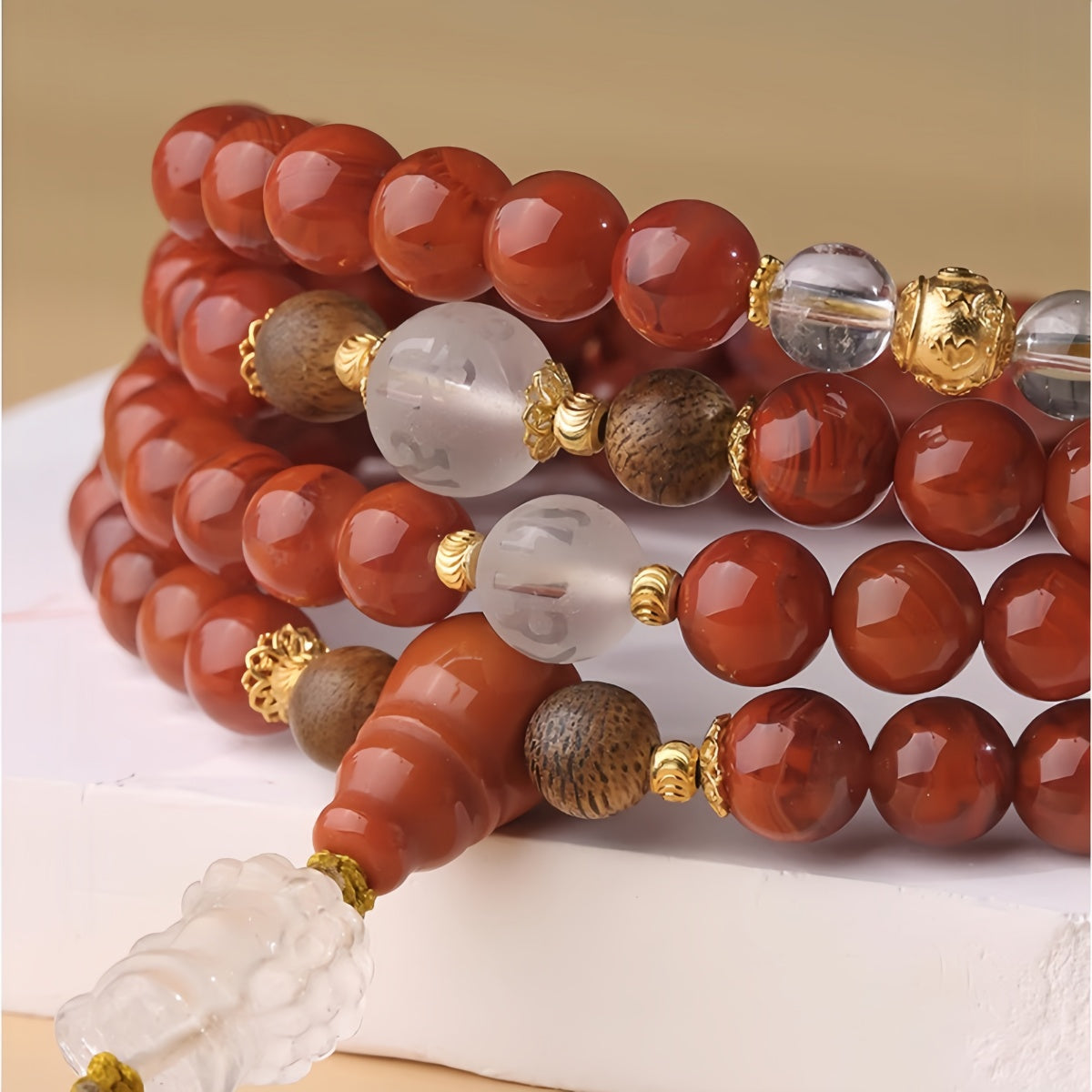 Potalapalace Accessories Handmade Natural 108-Bead Cinnabar South Red Crystal Flame Pattern