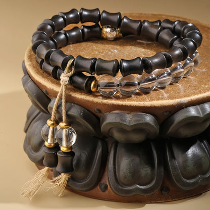 Potalapalace Accessories Handmade Natural Black Ebony Bamboo-Patterned White Crystal Bracelet