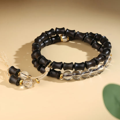 Potalapalace Accessories Handmade Natural Black Ebony Bamboo-Patterned White Crystal Bracelet