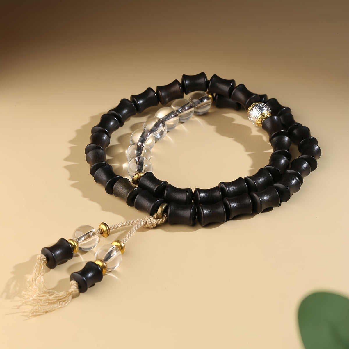 Potalapalace Accessories Handmade Natural Black Ebony Bamboo-Patterned White Crystal Bracelet