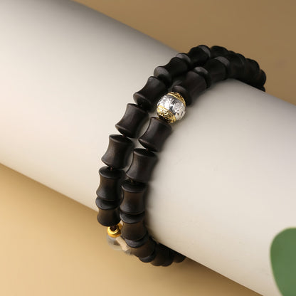 Potalapalace Accessories Handmade Natural Black Ebony Bamboo-Patterned White Crystal Bracelet