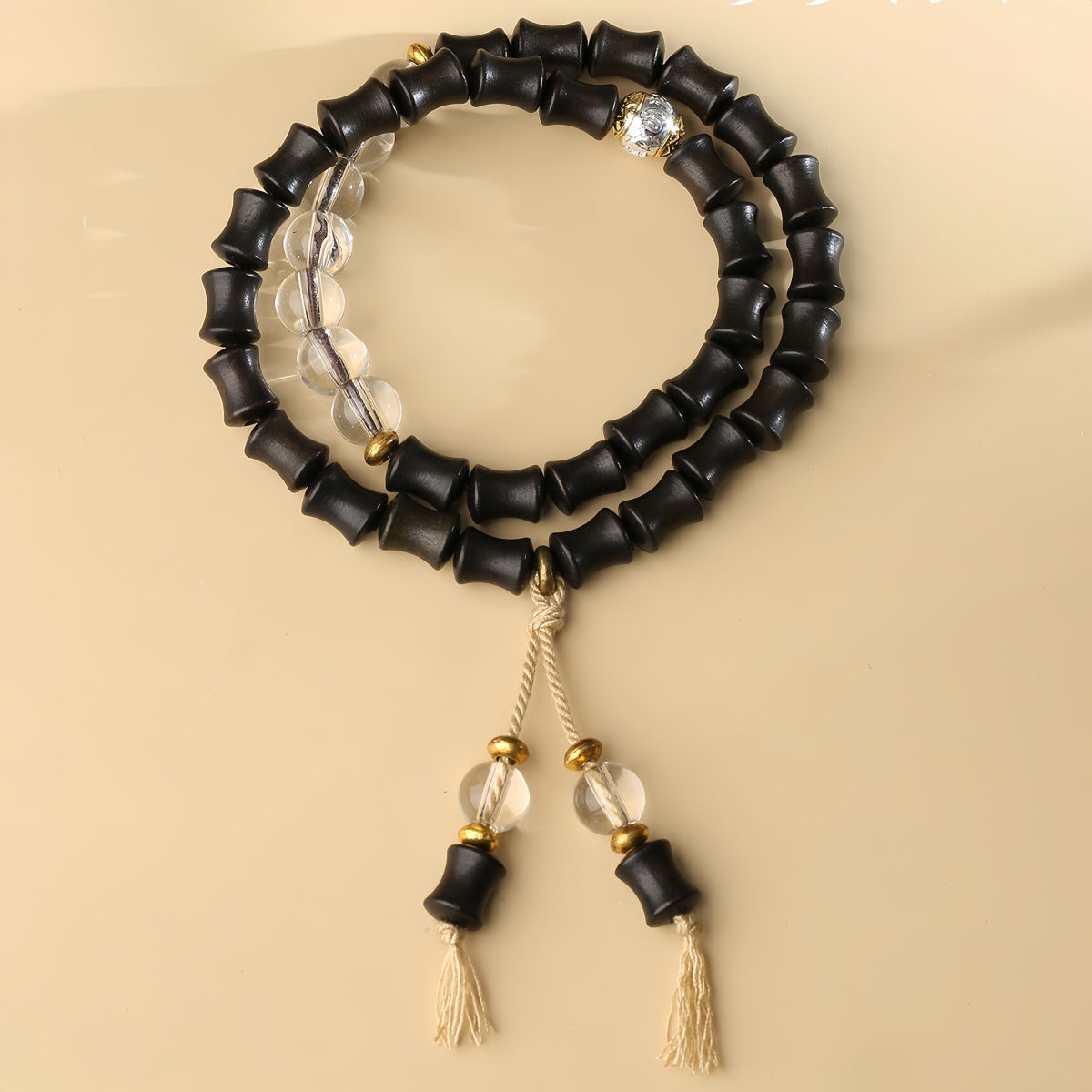Potalapalace Accessories Handmade Natural Black Ebony Bamboo-Patterned White Crystal Bracelet