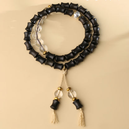 Potalapalace Accessories Handmade Natural Black Ebony Bamboo-Patterned White Crystal Bracelet