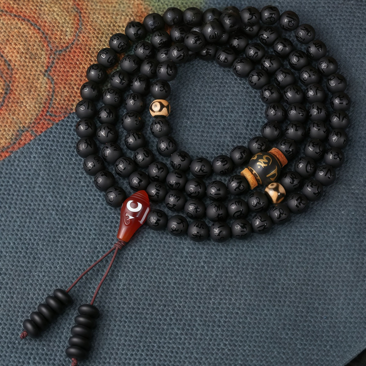 Potalapalace饰品 手工天然黑曜石108颗佛教念珠手链