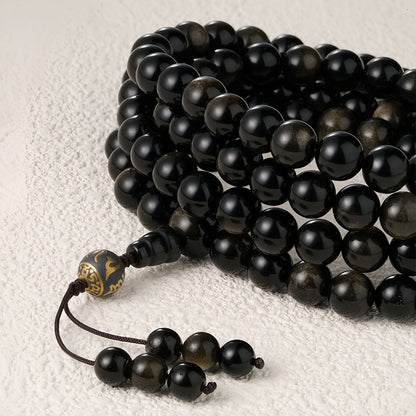 Potalapalace Accessories Handmade Natural Black Obsidian 108 Bead Mala Bracelet