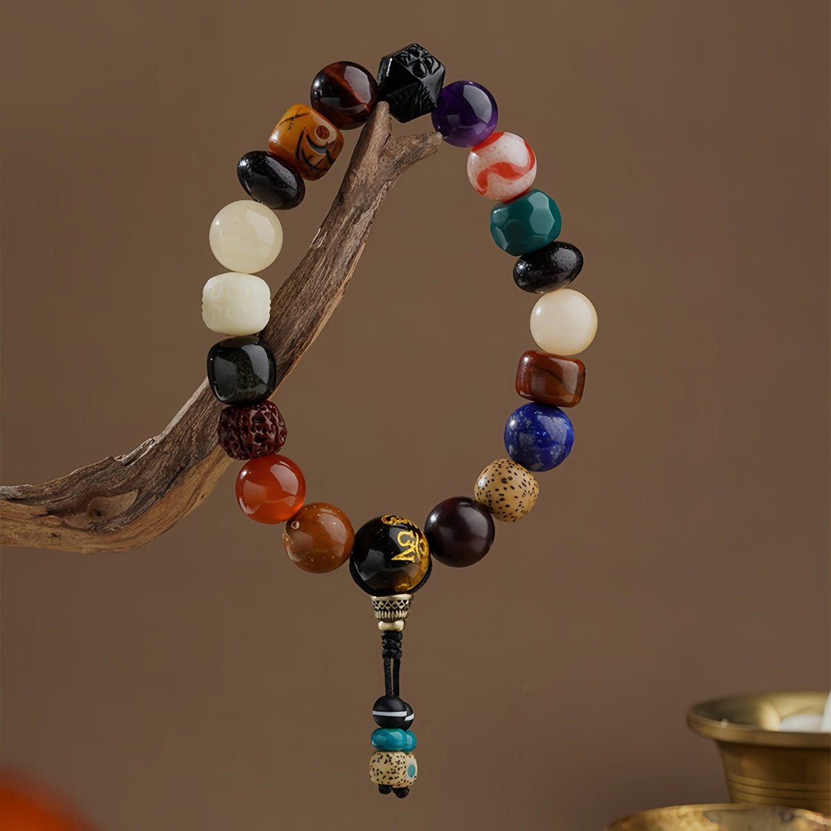 Potalapalace饰品 手工天然牛骨黑曜石多宝虎牙天珠