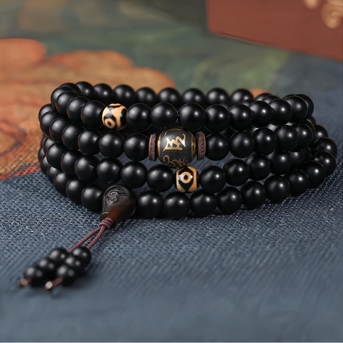 Potalapalace饰品 手工天然黑曜石108颗佛教念珠手链