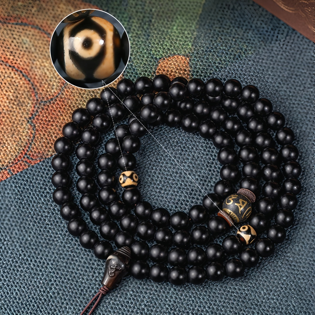 Potalapalace饰品 手工天然黑曜石108颗佛教念珠手链