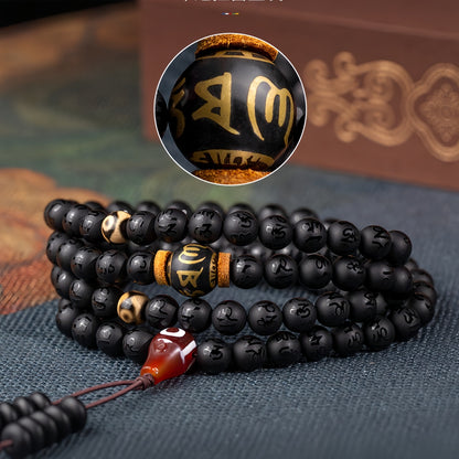 Potalapalace饰品 手工天然黑曜石108颗佛教念珠手链