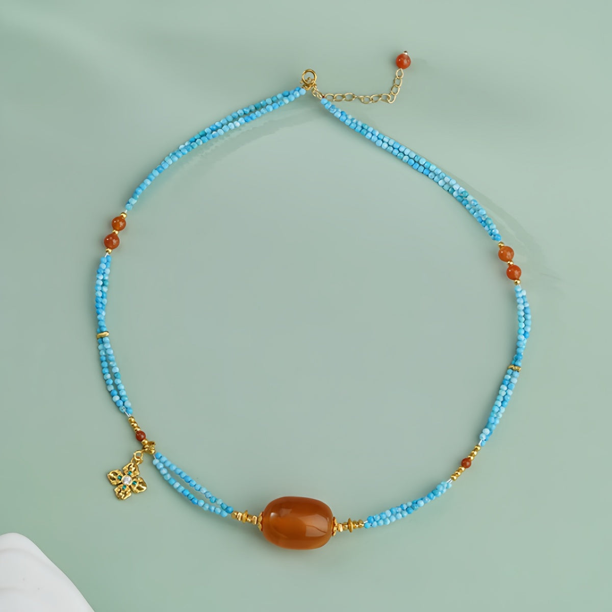 Potalapalace Accessories Handmade Natural Amber and Turquoise Necklace 925 Sterling Silver