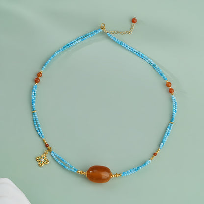 Potalapalace Accessories Handmade Natural Amber and Turquoise Necklace 925 Sterling Silver