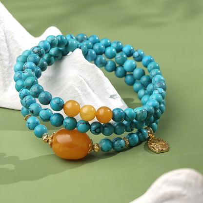 Potalapalace饰品手工天然绿松石和琥珀多股串珠项链