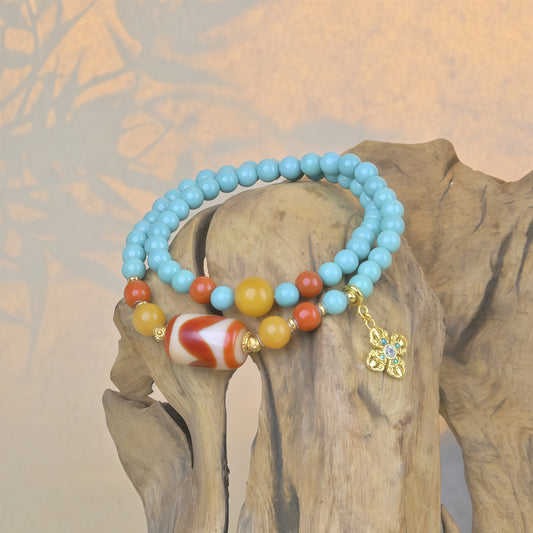 Potalapalace饰品手工天然绿松石和红玛瑙双圈手链