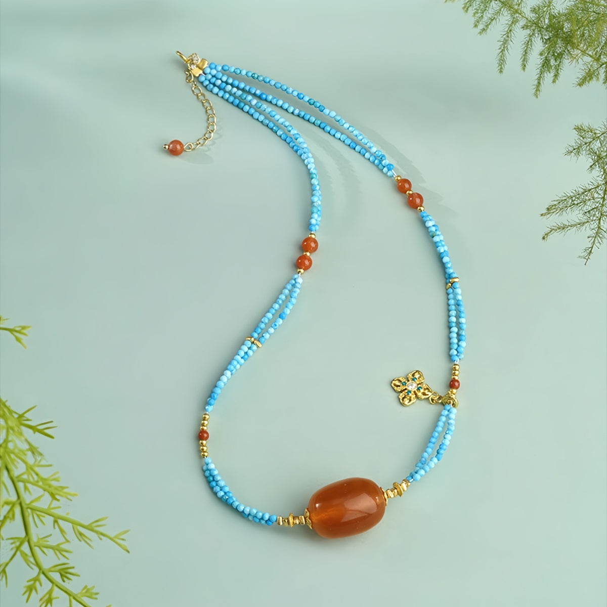 Potalapalace Accessories Handmade Natural Amber and Turquoise Necklace 925 Sterling Silver