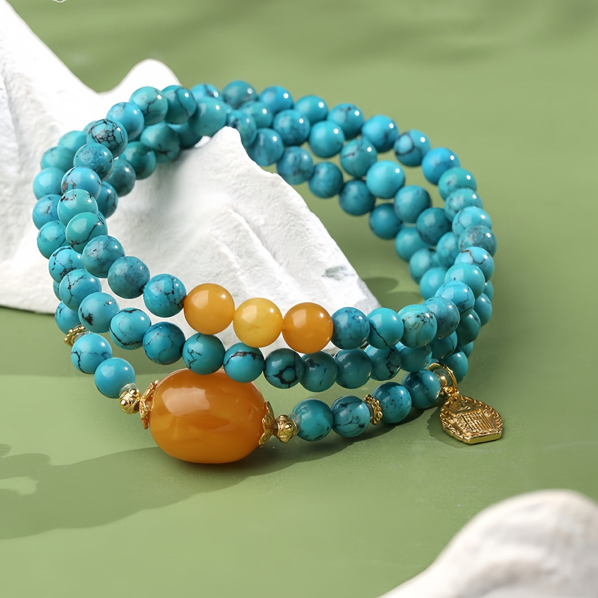 Potalapalace饰品手工天然绿松石和琥珀多股串珠项链
