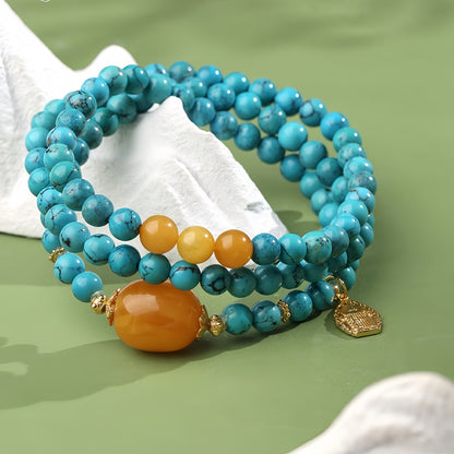 Potalapalace饰品手工天然绿松石和琥珀多股串珠项链