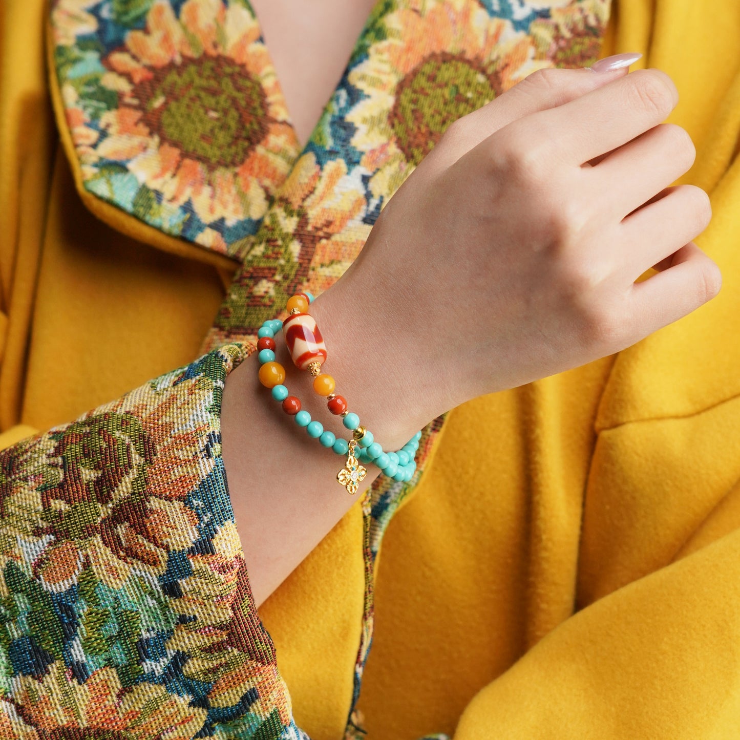 Potalapalace饰品手工天然绿松石和红玛瑙双圈手链